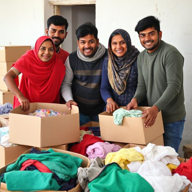 A group of smiling volunteers working together to sort and pack clothes into boxes, showing teamwork and compassion while organizing donations in a bright indoor setting.