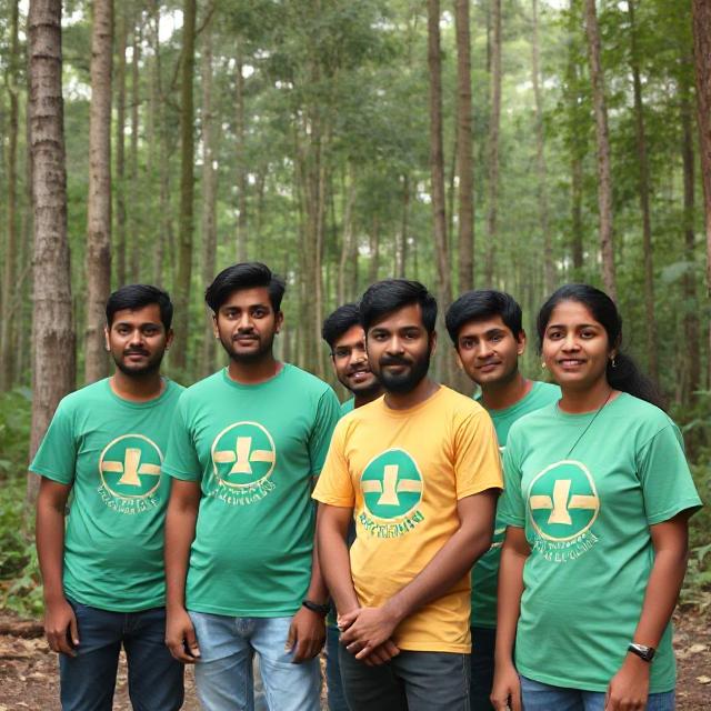 A group of young volunteers standing together in a lush green forest, smiling confidently in matching green and yellow shirts, representing teamwork, environmental awareness, and the spirit of volunteer travel for beginners.