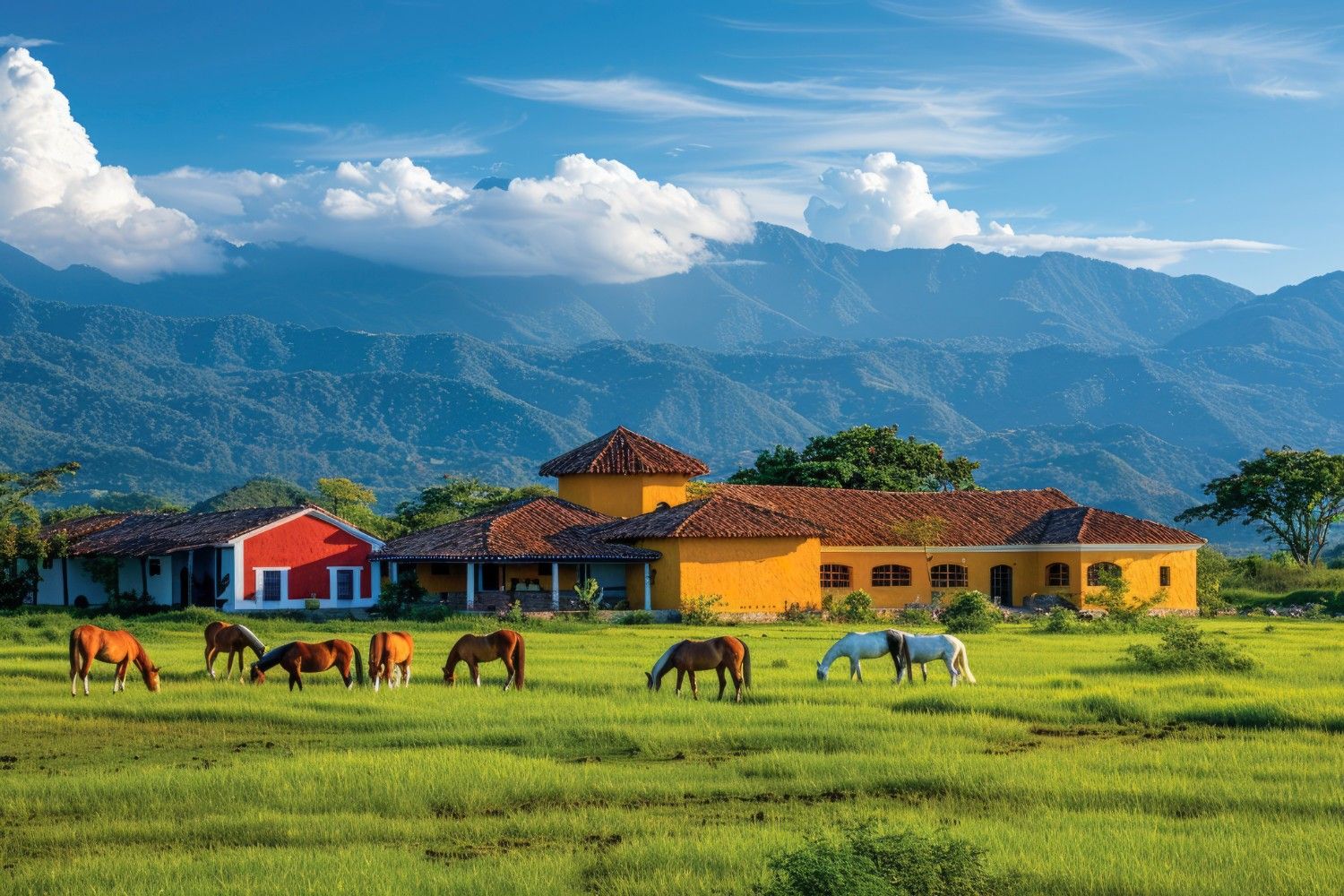 A vibrant countryside scene featuring horses grazing in lush green fields near a colorful house with yellow and red walls, surrounded by mountains under a blue sky a peaceful setting that inspires dreams to travel for free in India and explore rural landscapes full of charm and natural beauty.