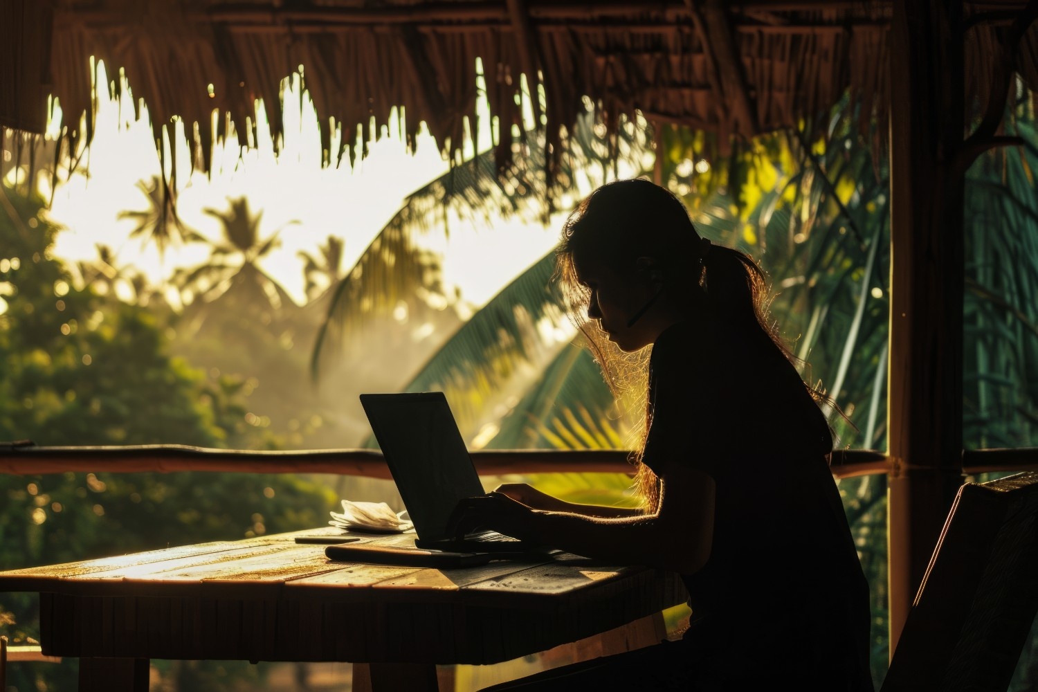 A woman working on a laptop at a wooden table in a tropical setting with sunlight streaming through palm trees, representing a peaceful remote work lifestyle an inspiring scene for those who wish to travel for free in India.