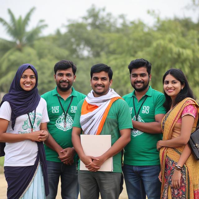 A group of smiling young volunteers standing outdoors, wearing green shirts and casual traditional attire, posing together in a friendly and confident manner representing teamwork and community spirit during a volunteer travel experience in India.