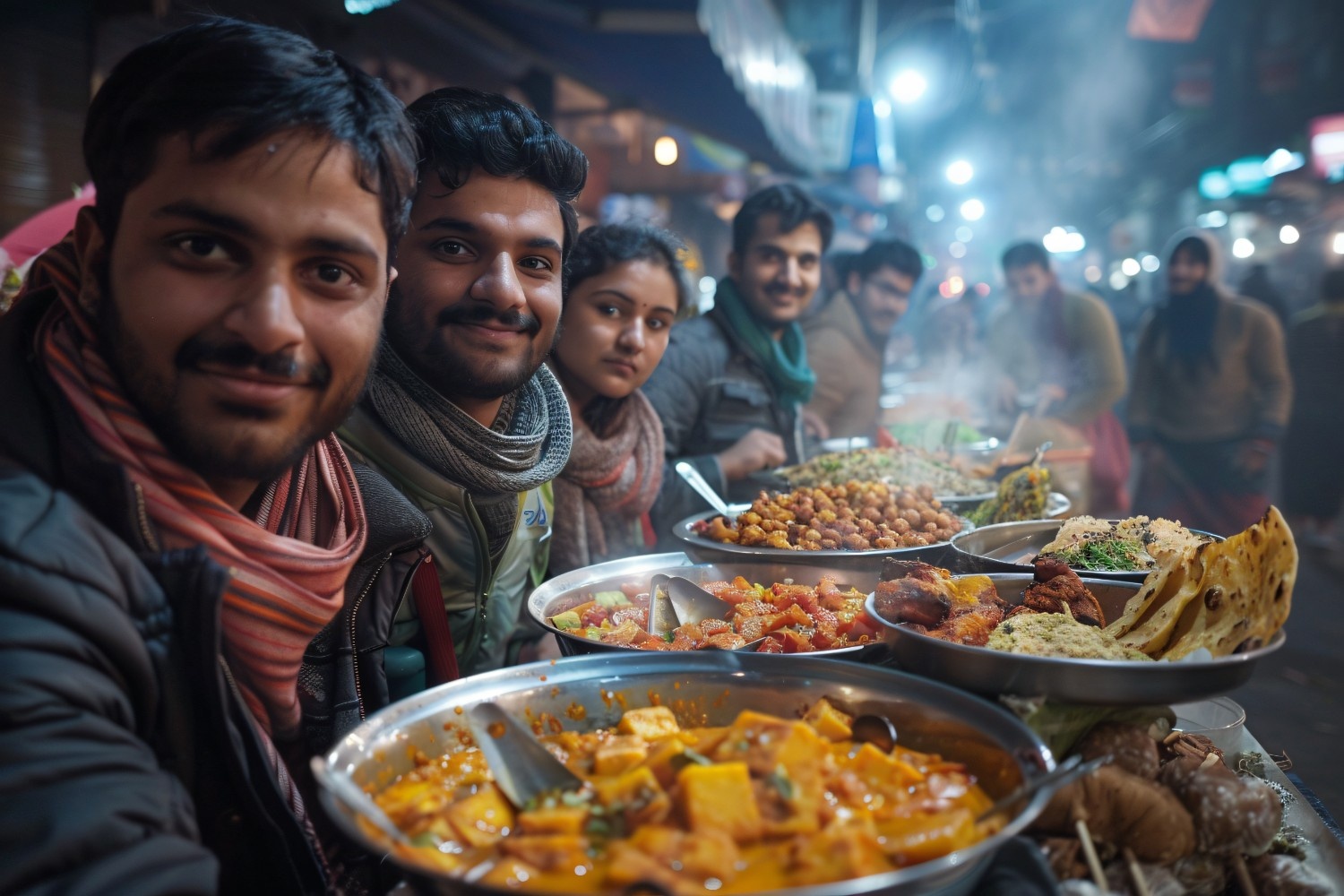 A group of friends smiling and enjoying delicious Indian street food like paneer curry, chickpeas, and naan at a lively night market, showcasing the vibrant culture, local flavors, and community spirit that make budget travel in India