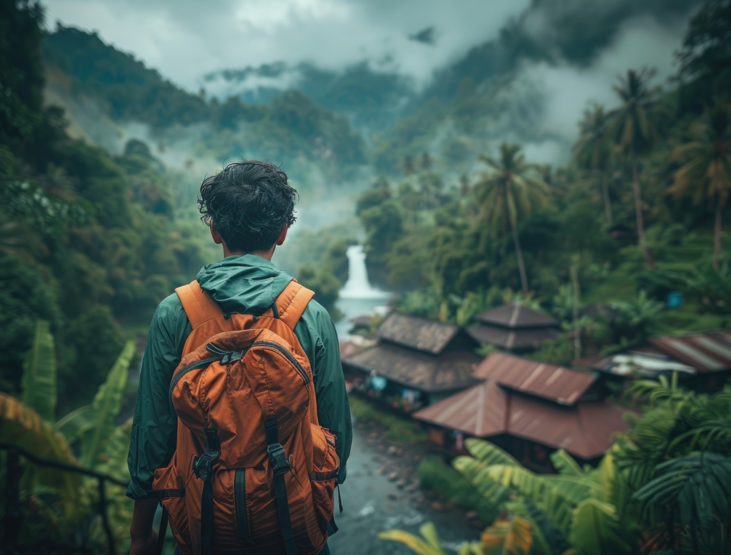 A traveler with an orange backpack standing on a lush green hillside overlooking a misty valley with traditional houses and a waterfall in the distance capturing the essence of adventure and exploration while learning how to travel for free in India.