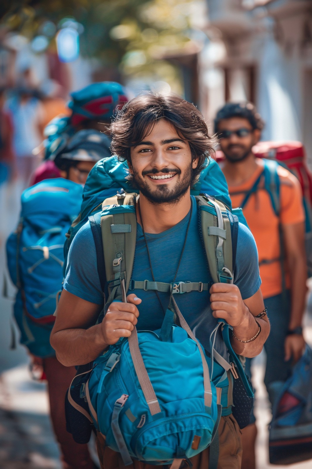 A cheerful young traveler with a backpack smiling confidently while walking with a group of fellow adventurers, representing enthusiasm, teamwork, and the spirit of exploration perfect imagery for sharing beginner volunteer tips for travel and community projects.