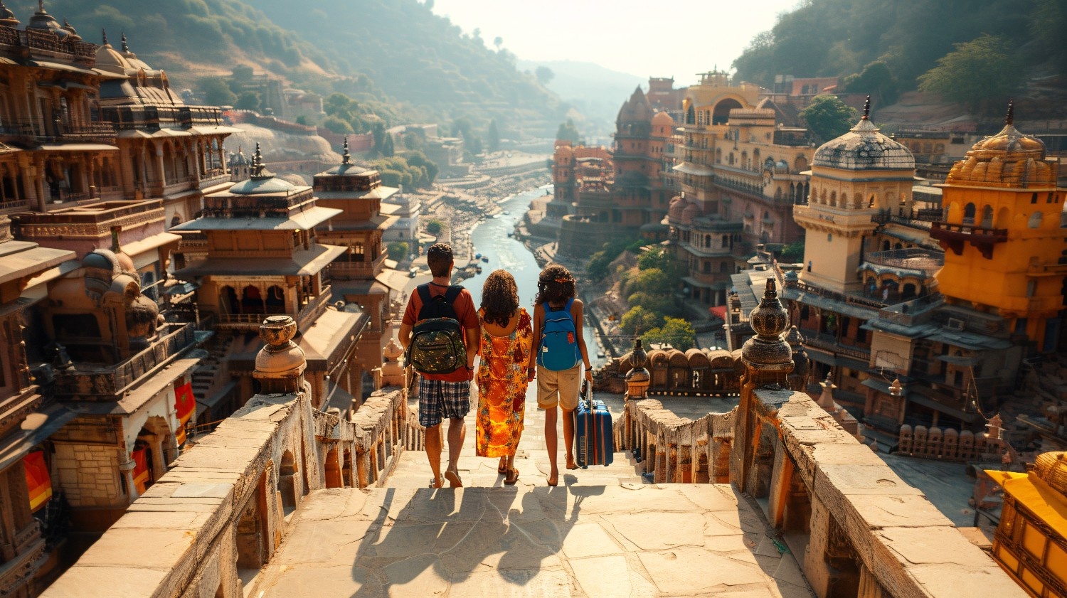 Three travelers exploring a beautiful ancient city with temples and river views, representing how to travel for free in India and experience its cultural heritage.